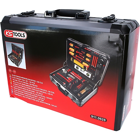 Werkzeugkoffer mit Werkzeug abgebildet. Aufschrift: KS TOOLS. Darunter weitere Texte in verschiedenen Sprachen.